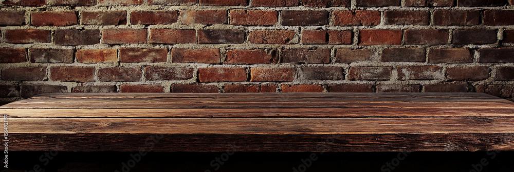 Poster rustic wooden table against a brick wall backdrop generative ai