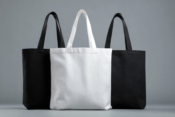 Three blank canvas tote bags, black, white, and black, arranged vertically on a gray background