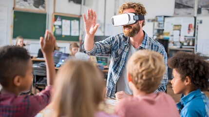 Interactive Classroom: A teacher wearing virtual reality goggles interacts with engaged students in a classroom, fostering an immersive learning experience that sparks curiosity and exploration.