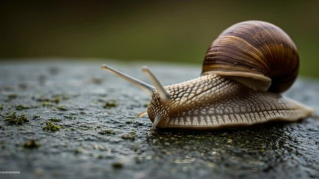 Snail crawling slowly on wet stone, antennas reaching. Nature close-up for ecology, slow living concepts. Perfect for biology, environmental documentaries, educational materials.