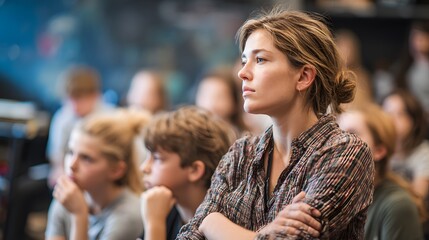 Focused Audience Member: A captivating portrait of a woman in a crowd, her gaze fixed with focused intensity, conveying deep thought and contemplation.