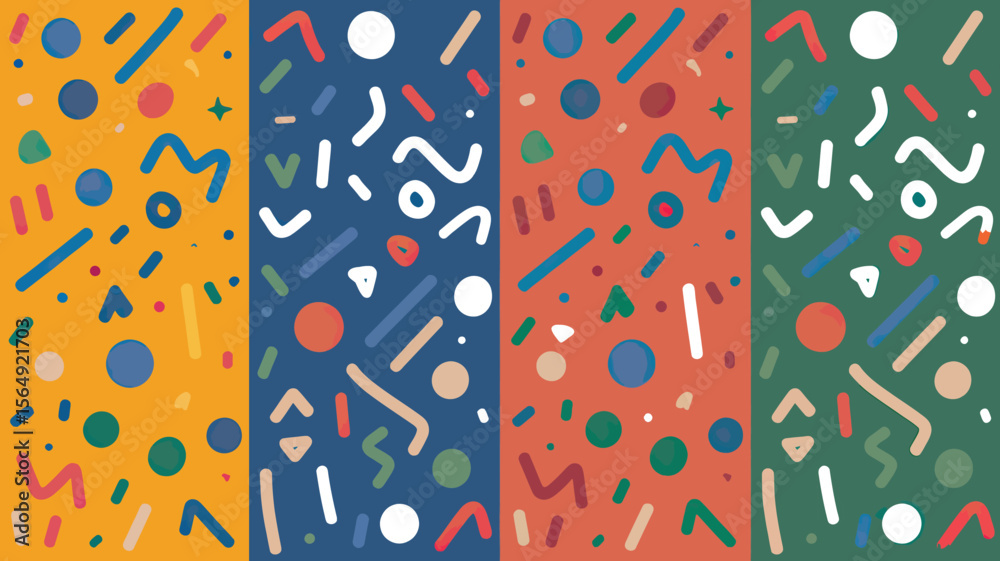 Poster colorful background with various shapes and patterns in four different color sections design style