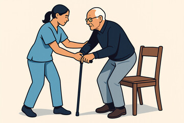 Elderly man receiving physical assistance from caregiver with cane in nursing care setting