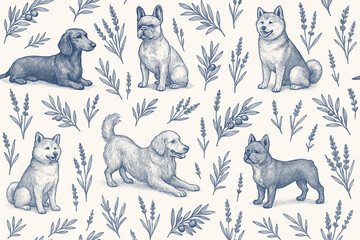 Hand drawn dog breeds and botanical herbs seamless pattern in vintage engraving style illustration
