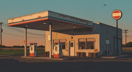 Vintage Gas Station with Red Pumps and Stop Sign