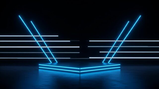 Futuristic Neon Stage with Blue and White Lights - A sleek, dark stage is illuminated by vibrant blue neon lines forming a V-shape, complemented by white parallel lines creating a dynamic, modern