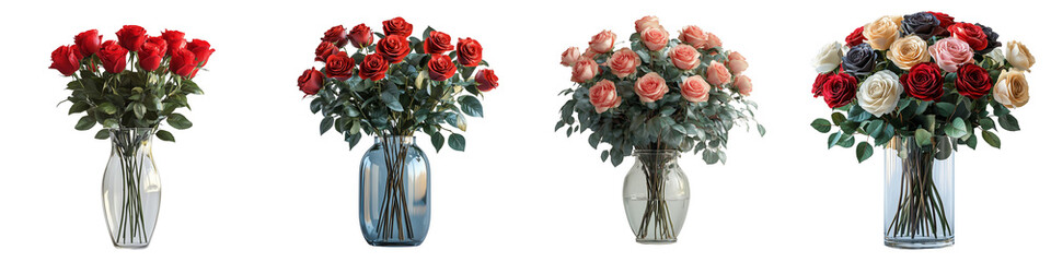 Luxurious roses in a crystal-clear vase on a transparent background
