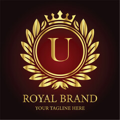 Golden anniversary celebration emblem: vintage laurel wreath and ribbon seal design LOGO U
