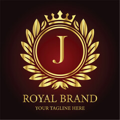 Golden anniversary celebration emblem: vintage laurel wreath and ribbon seal design LOGO J
