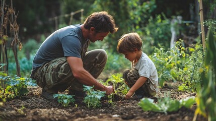 Father and Son gardening together in garden: A tender moment as a father and his son cultivate a vibrant garden, sowing seeds of growth and sharing the simple joys of nature.