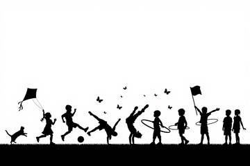 Obraz premium Diverse group of children silhouetted playing outdoors with a kite and butterflies