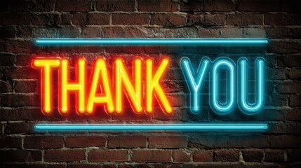 Bright Thank You. Neon Sign on Brick Wall Background in Abstract Style