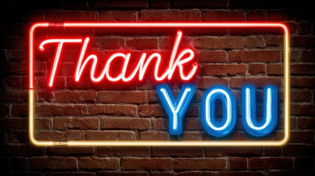 Bright Thank You. Neon Sign Emblem on Brick Wall Background