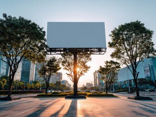 Fototapeta premium Blank white billboard at sunrise. Empty street-level advertising panel framed by city trees and modern buildings. Space for bold brand direction and new campaign momentum. Ideal for outdoor