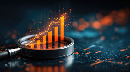 Analyzing business growth through financial graphs with a magnifying glass in a digital environment for enhanced insight