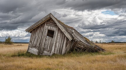 Obraz premium Broken Barn. Leaning Roof of Abandoned Scandinavian Storage Shed in Field