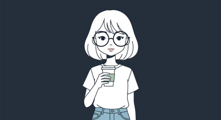 Cartoon girl with glasses holding coffee cup on a dark background art