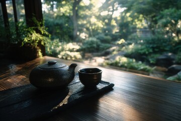 A simple tea ceremony setup by a window overlooking a garden. High quality