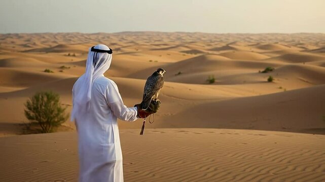 A man in traditional Arab attire with a falcon on his gloved hand overlooking a vast desert landscape at dusk