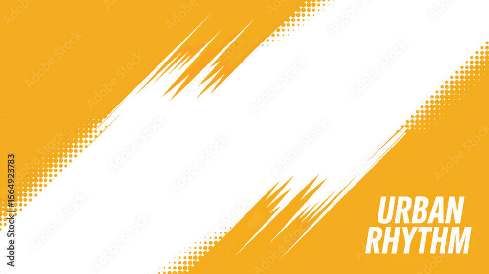 Poster A vibrant yellow background with white diagonal stripes and halftone patterns creating a dynamic design space