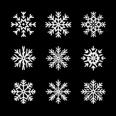 Collection of nine unique white snowflake icons on a black background
