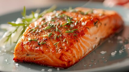 Fresh cooked salmon fish fillet garnished with herbs and salt plate, highlighting healthy seafood dish supporting nutritious diet and longevity with - Powered by Adobe