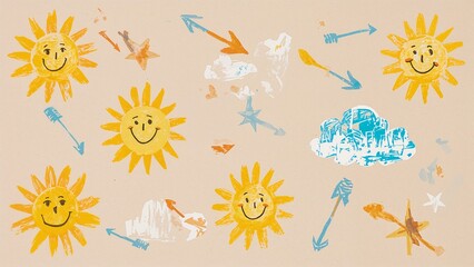 Naklejka premium Playful handcrafted art with smiling suns and clouds