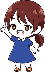 Illustration of a cartoon girl waving with brown hair on pink background