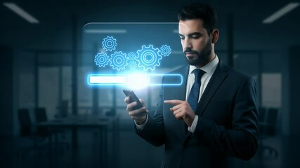 A businessman in a suit interacts with a smartphone displaying a glowing progress bar with gears - Powered by Adobe