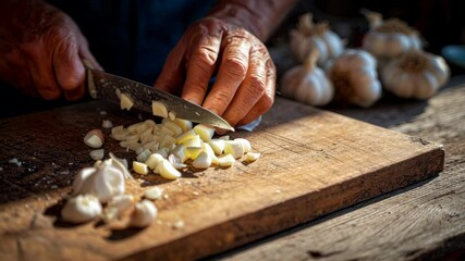 Rustic kitchen scene showcasing garlic chopping wooden cutting board with fresh garlic bulbs, highlighting essential food ingredients for home