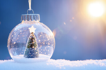 Clear christmas bauble with miniature tree and star in snow with sunlight