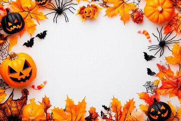 Fototapeta premium Blank Halloween card background decorated with pumpkins and autumn leaves for festive celebration