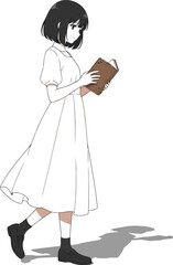 Anime girl in white dress reading book with colorful background design