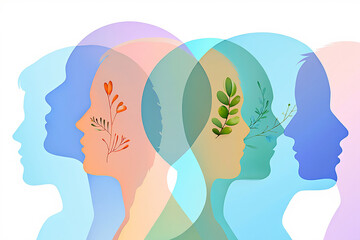 Interconnected minds with nature elements symbolizing growth and connection