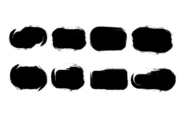 Collection of abstract black grunge brush stroke frames with rough ink texture. Set of hand painted rectangular and rounded border elements isolated on white background. Ideal for posters, branding.