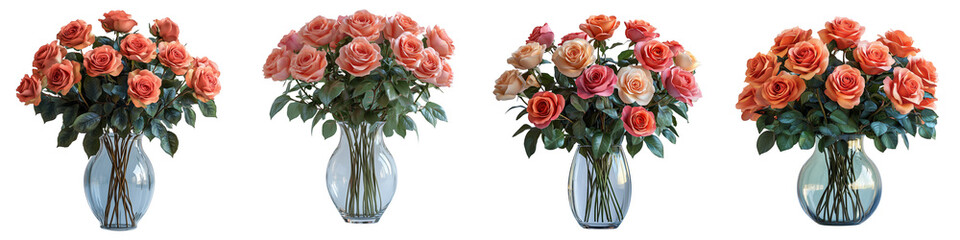 Beautiful bouquet of roses in a glass vase PNG on a transparent background