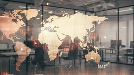 Global Business Network Connection - A world map overlaid on a modern office setting, showcasing global connectivity and the interconnectedness of business. - Powered by Adobe