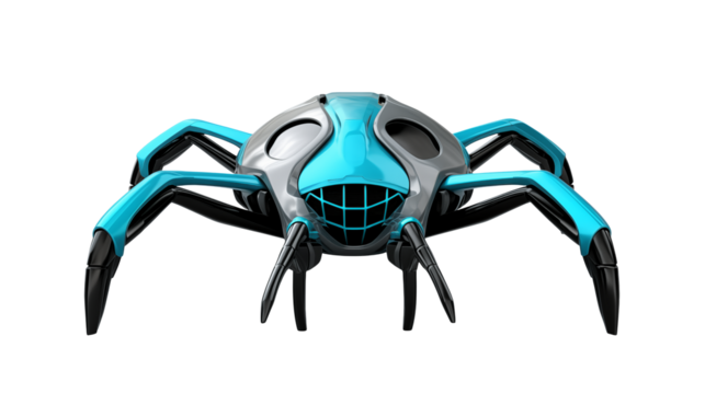 A futuristic robotic spider concept with sleek design, light blue accents and a transparent background for easy integration.