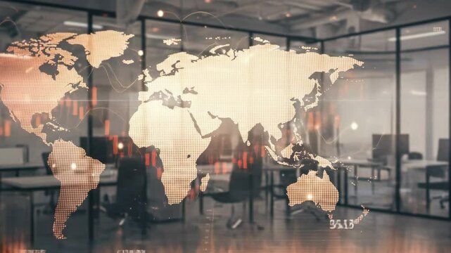 Global Business Network Connection - A world map overlaid on a modern office setting, showcasing global connectivity and the interconnectedness of business. - Powered by Adobe