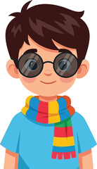 Obraz premium Cartoon boy with glasses and a colorful scarf against white background
