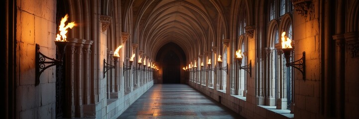 Gothic Cloister Illuminated by Flaming Torches