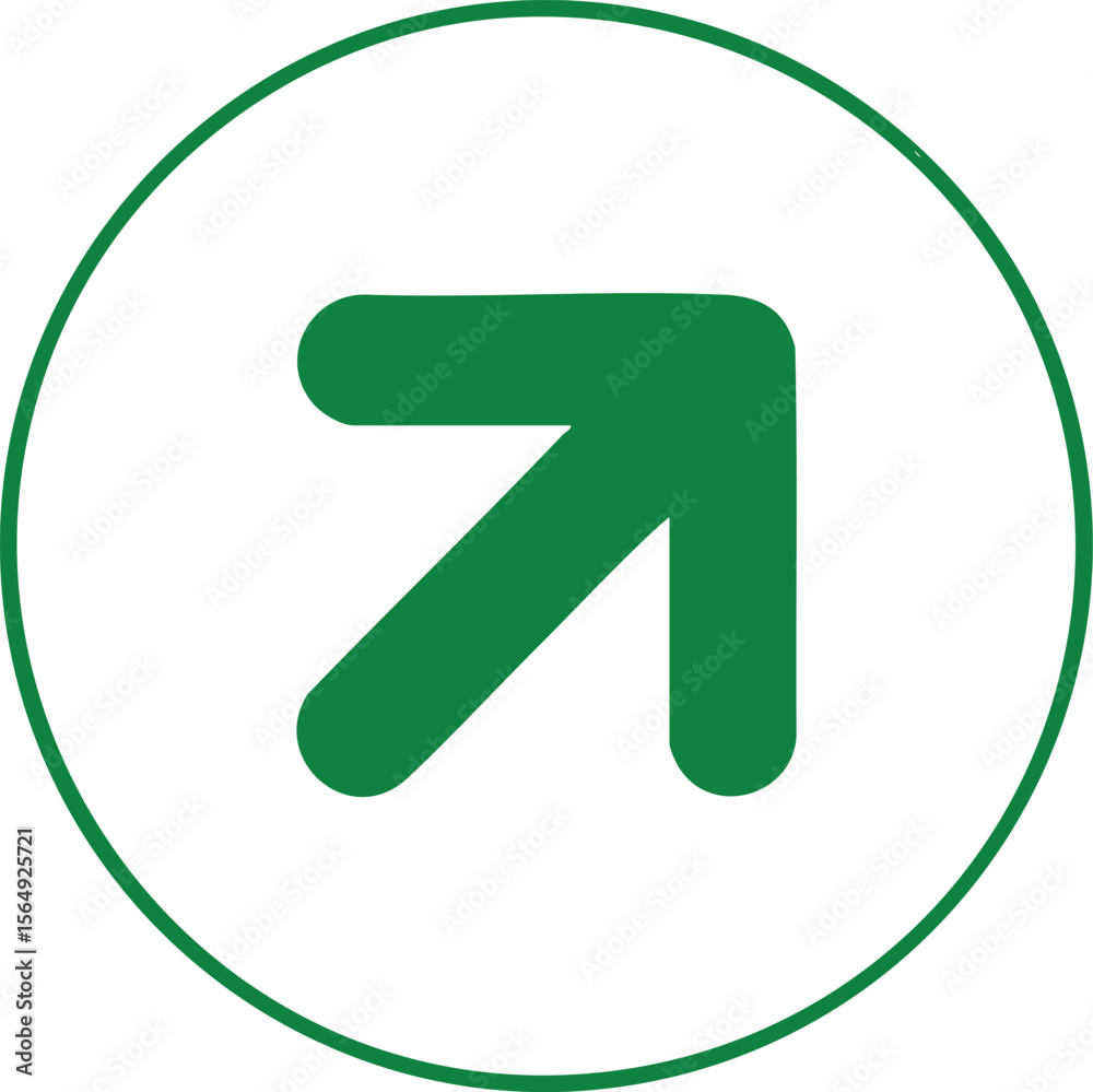 Poster angular directional arrow on green circle - navigational symbol for rightward and upward movement, i