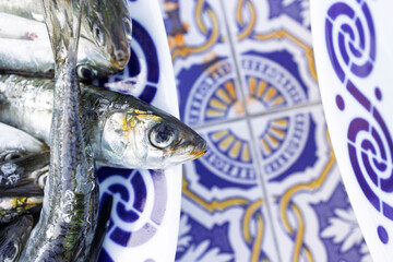 Fresh sardines displayed on decorative plate in portugal