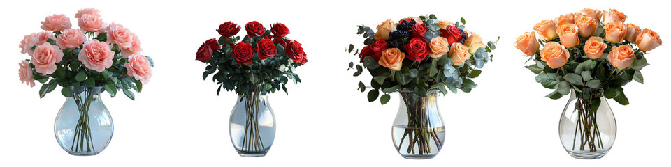 Bouquet of realistic red roses isolated in a glass vase on a transparent background
