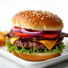 Juicy Beef Burger with Melted Cheese and Fresh Vegetables