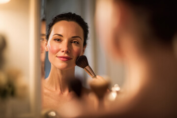 Woman applying makeup in front of mirror, showcasing beauty routine with soft and natural look. warm lighting enhances her features, creating inviting atmosphere