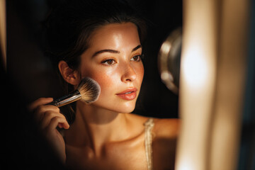 Woman applying makeup with brush in front of mirror, showcasing natural glow and beauty. soft lighting enhances her features, creating intimate and serene atmosphere