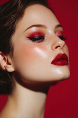 Bold makeup look featuring vibrant red lips and striking eye makeup with glitter, set against rich red background, showcasing artistic beauty and confidence