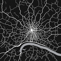 Abstract city map illustration with a river and radial street pattern in black and white tones design