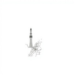 Illustration of a tall tower structure with a city map layout at its base on a white background view